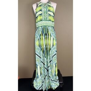 B Calm Women's Sz L Green Printed Halter Maxi Dress Keyhole Back Summer Beach